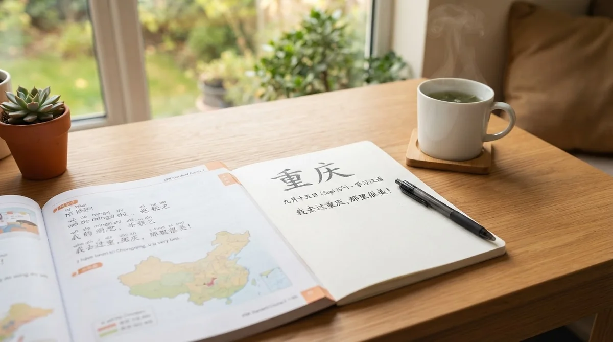 開かれたテキストと手書きノートが置かれた中国語の学習机