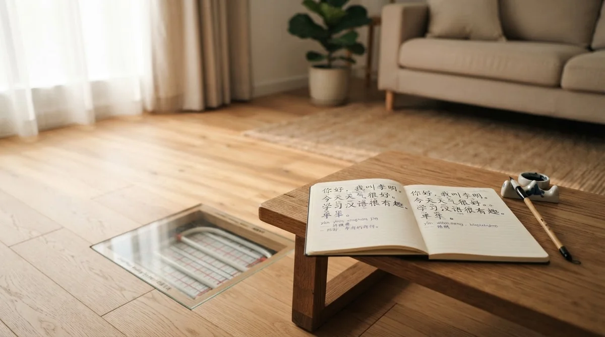 温かい床暖房(地暖)の上で寛ぎながら中国語の学習ノートを広げる様子