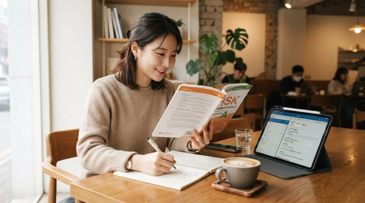 カフェでテキストとタブレットを開き中国語のフレーズを学習する様子