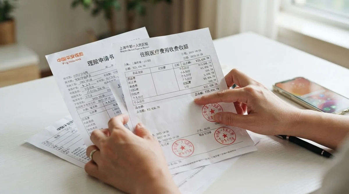 中国の医療領収書(発票)や各種保険書類を手元で慎重に確認する様子
