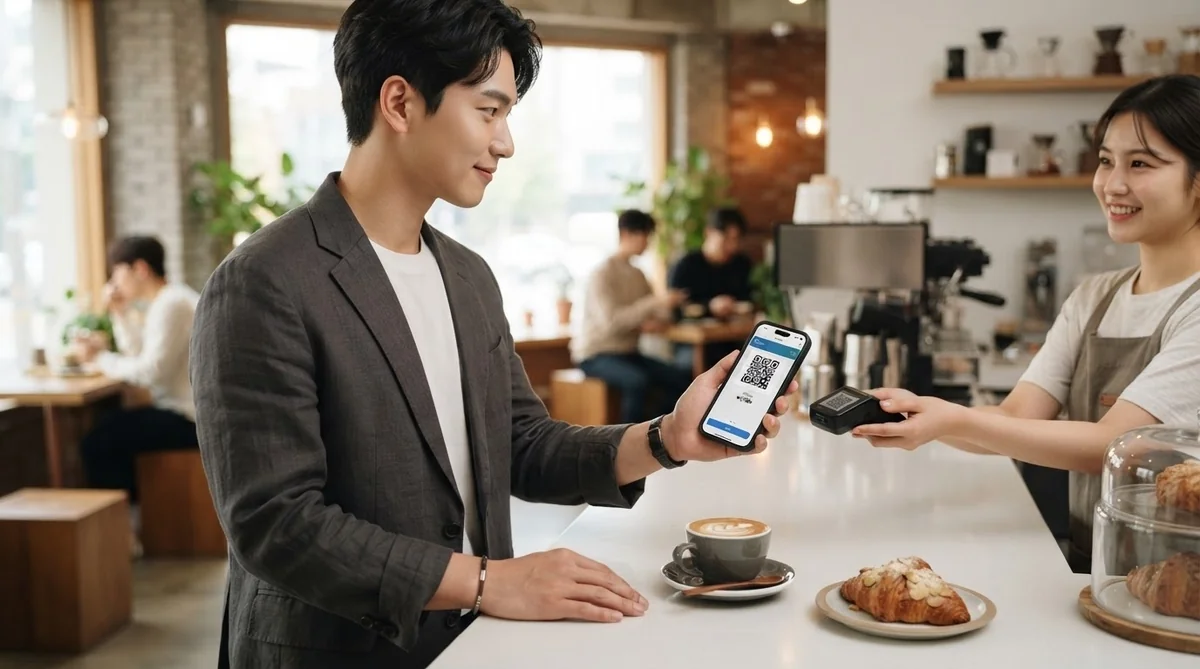スマートフォンのQRコードを使ってスマートに決済する様子