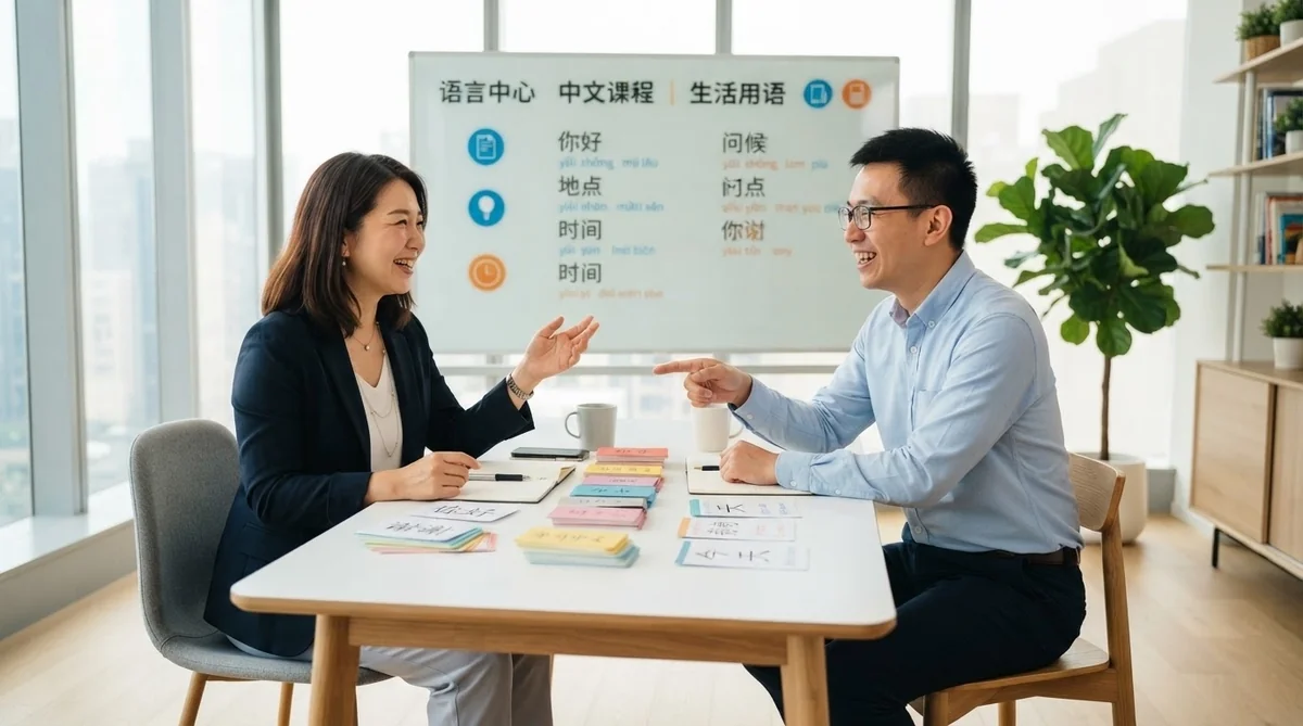 講師と受講生が対話形式で学習フレーズや時事会話の練習をする様子