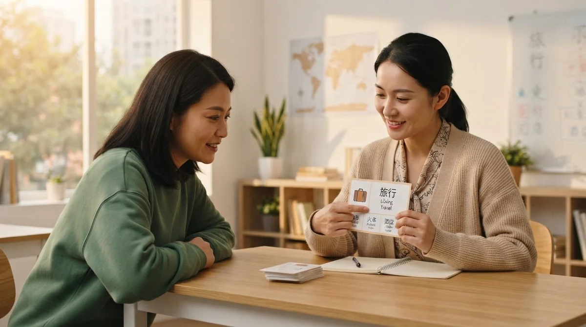 語学教室の明るい空間で先生と生徒が中国語の健康や大気に関連する語彙を学んでいる様子