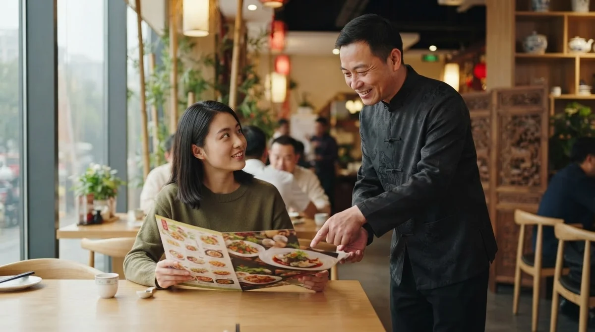 中国料理店で笑顔でメニューを見ながら注文する様子