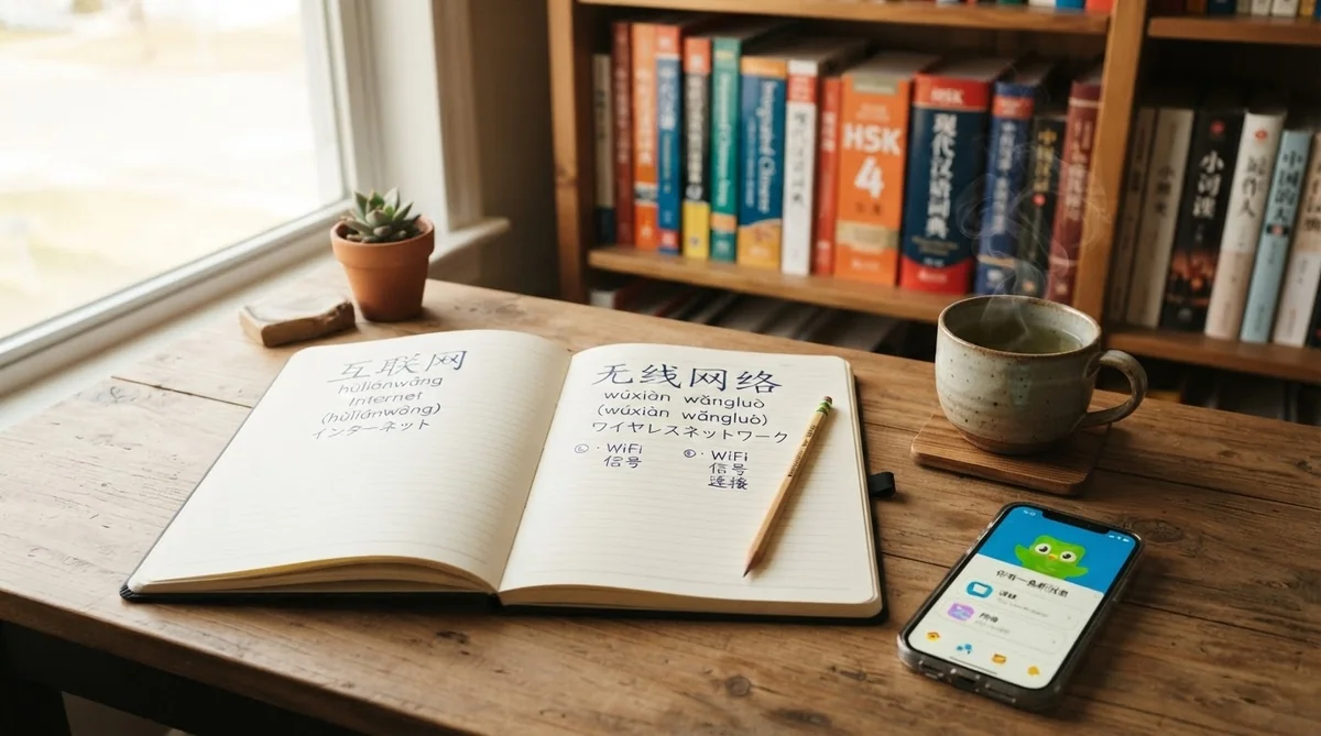 中国語のインターネット関連単語やノートが広げられた勉強机の風景