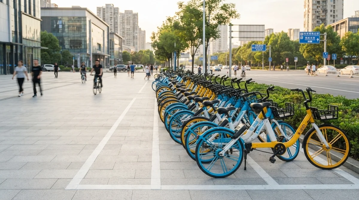 中国の歩道上にある白線で囲まれた指定駐輪枠に綺麗に並べられたシェアサイクル