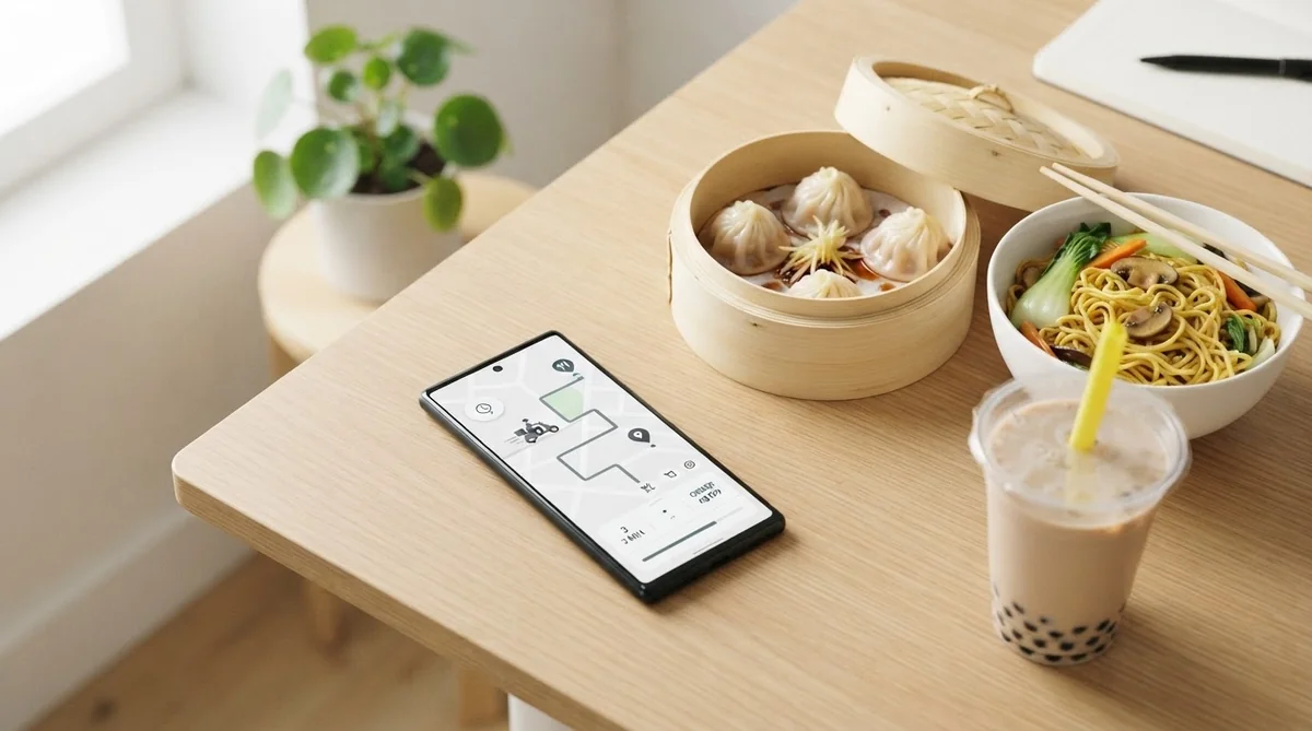 スマートフォンのデリバリー追跡画面とオフィスデスク上に並ぶ中国料理