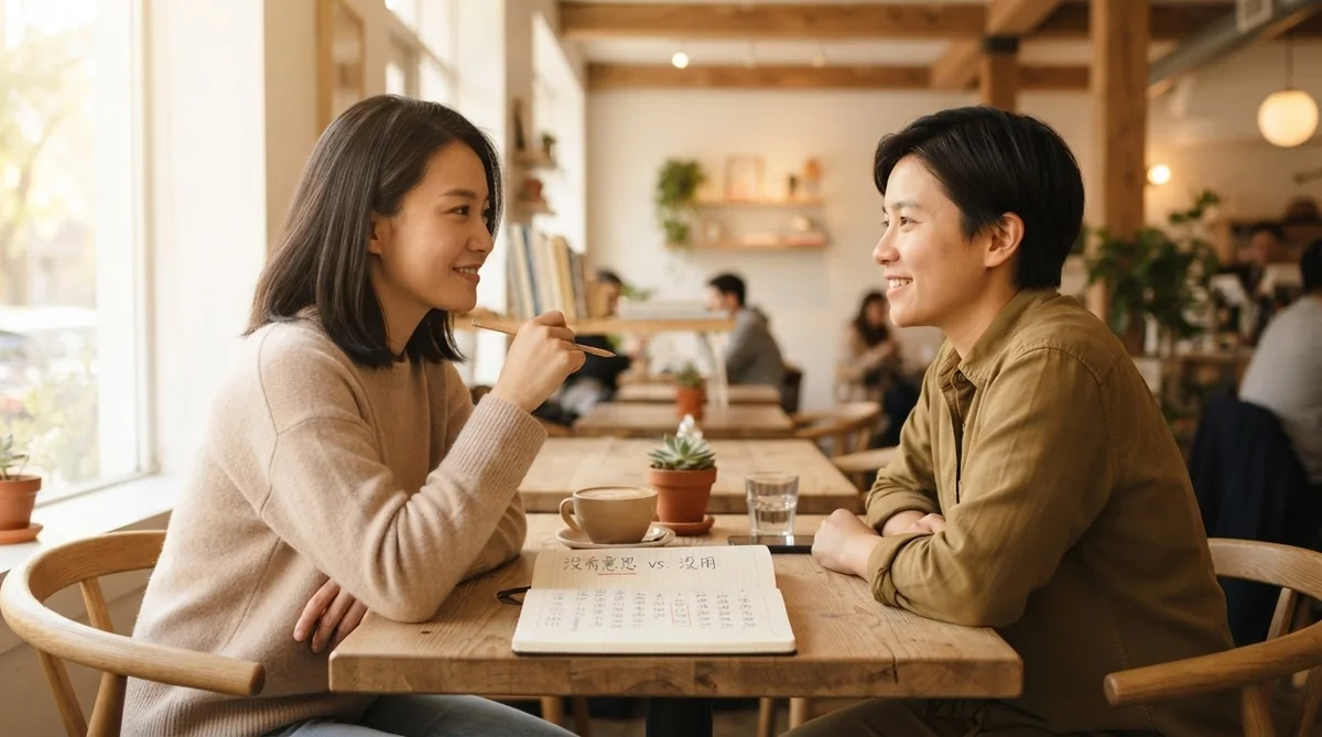 中国語のニュアンスの違いについてカフェで話し合う様子