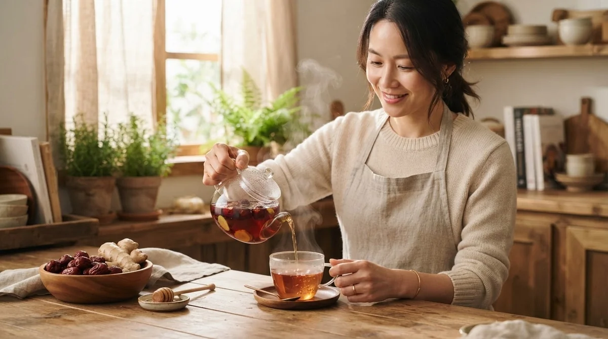 淹れたての温かい生姜ナツメ茶を楽しむ様子