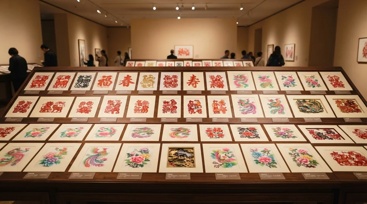 様々な色彩やスタイルの中国切り絵作品が並べられている様子