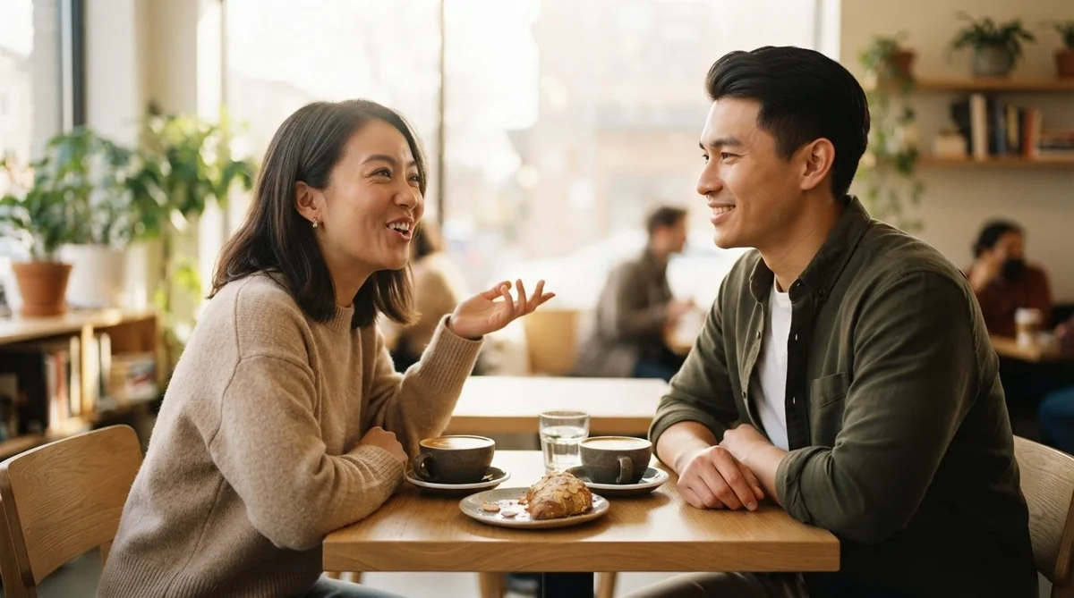 カフェで親しそうに会話する男女。日常コミュニケーションの中での感情表現