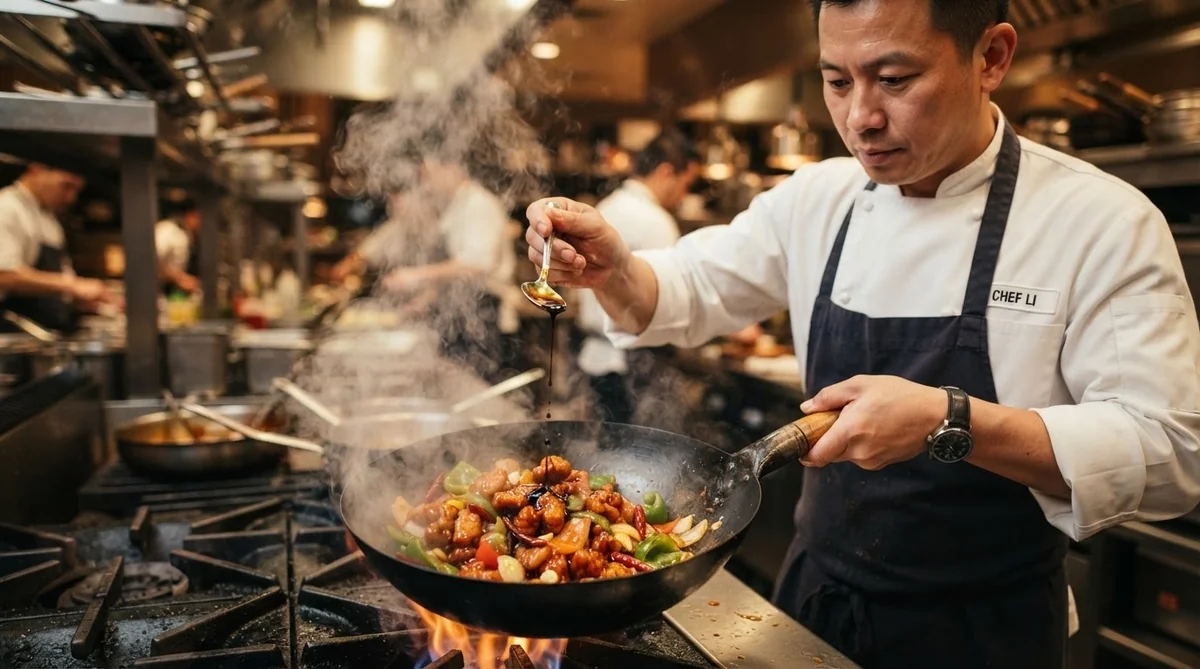 中華鍋の料理に黒酢を回しかける料理人の様子