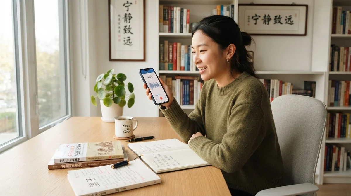 スマートフォンの音声波形を見ながら中国語の発音練習をする学習者