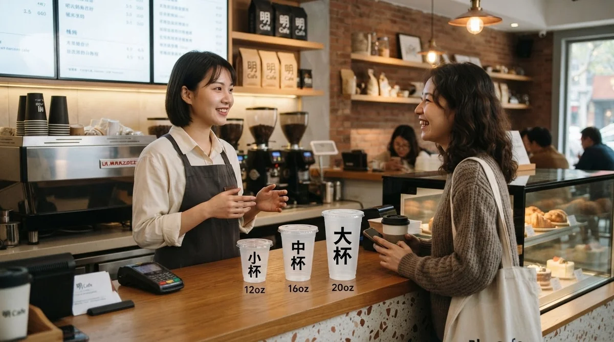 モダンなカフェカウンターで、東アジア系のバリスタが客とやり取りしている。カウンターには、簡体字で『小杯』『中杯』『大杯』とラベルが貼られたクリアカップがあり、氷と湯気のアイコンで『冰』『热』を示すサインもある。バリスタは丁寧な表情。背景にはメニューボードとぼけたコーヒー飲料の画像。