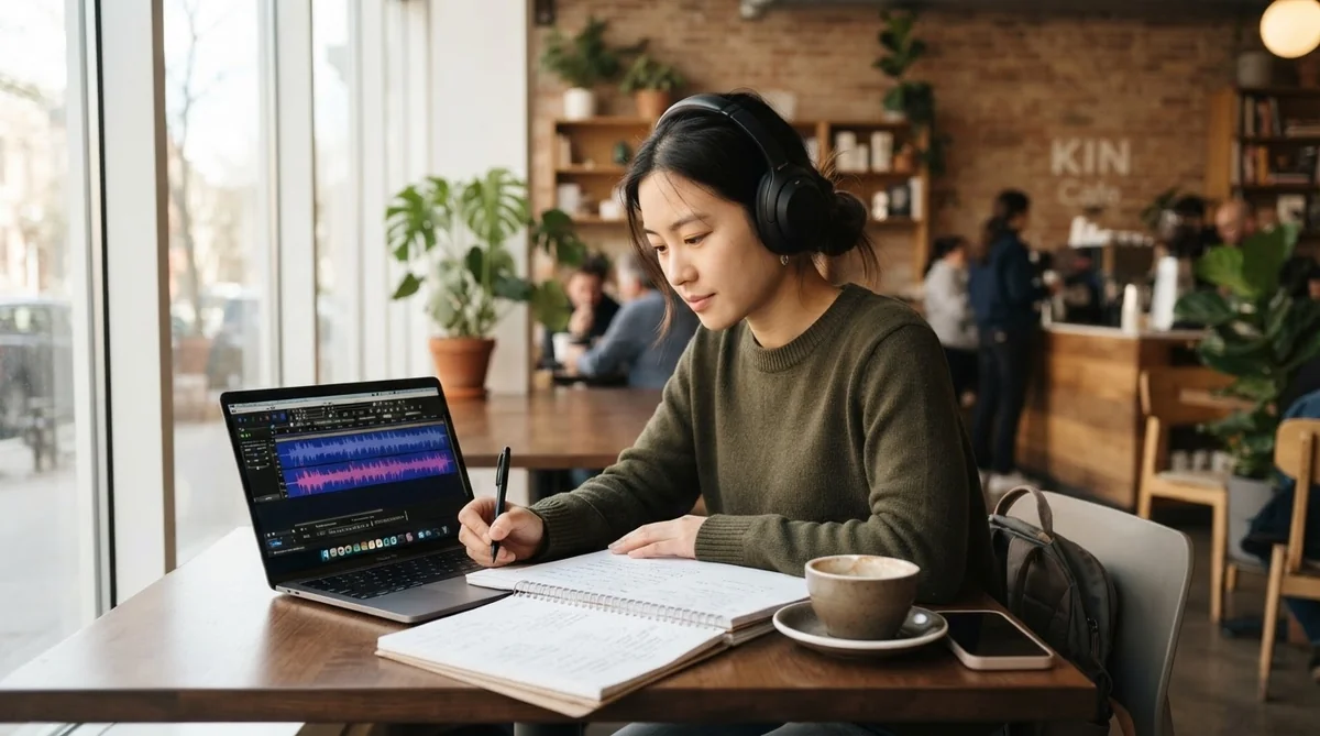 ヘッドホンで中国語音声を聞きながらメモを取る学習者