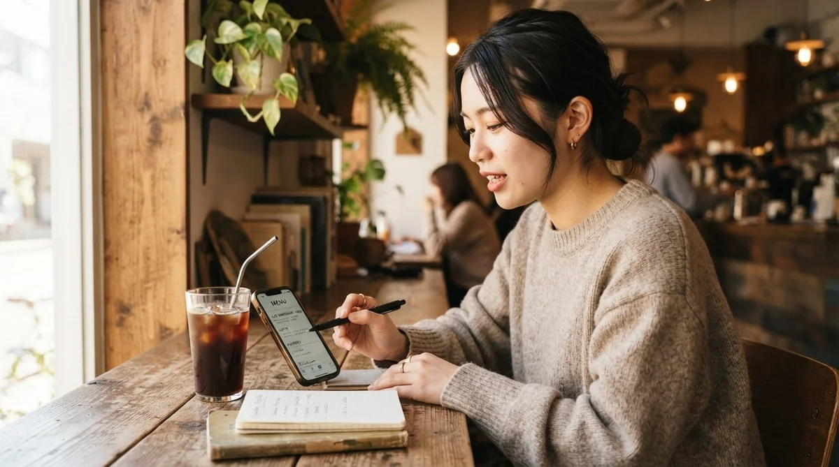 カフェでメニューを見ながら会話フレーズを声に出して練習する学習者