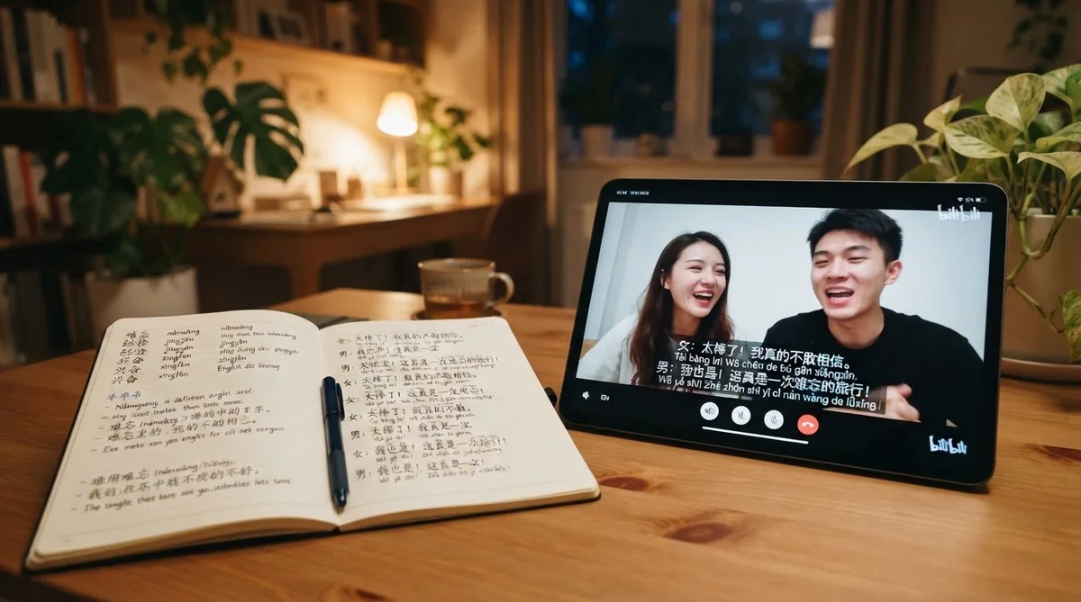 タブレットの画面に映る動画字幕と手元で整理された中国語メモノート