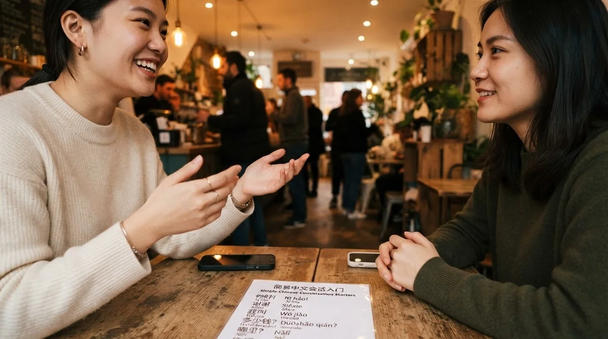 カフェで例文リストを参考に中国語で会話する女性学習者と中国人友達