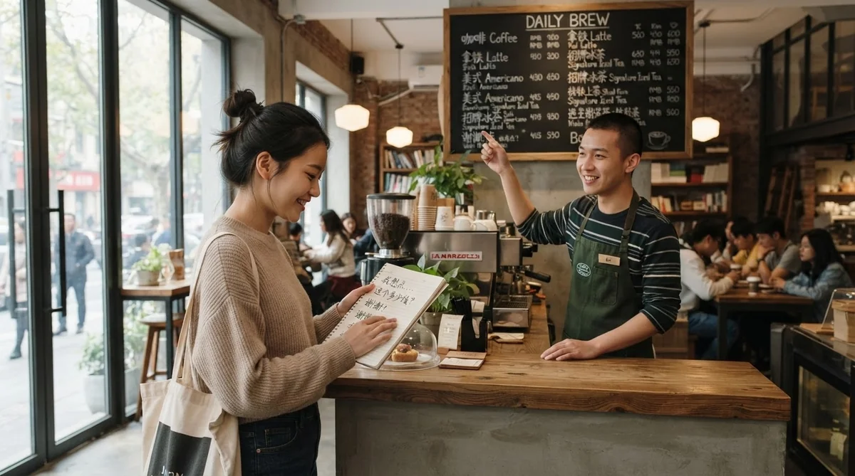 カフェの注文シーンでノートを見せながら会話練習をする学習者と店員