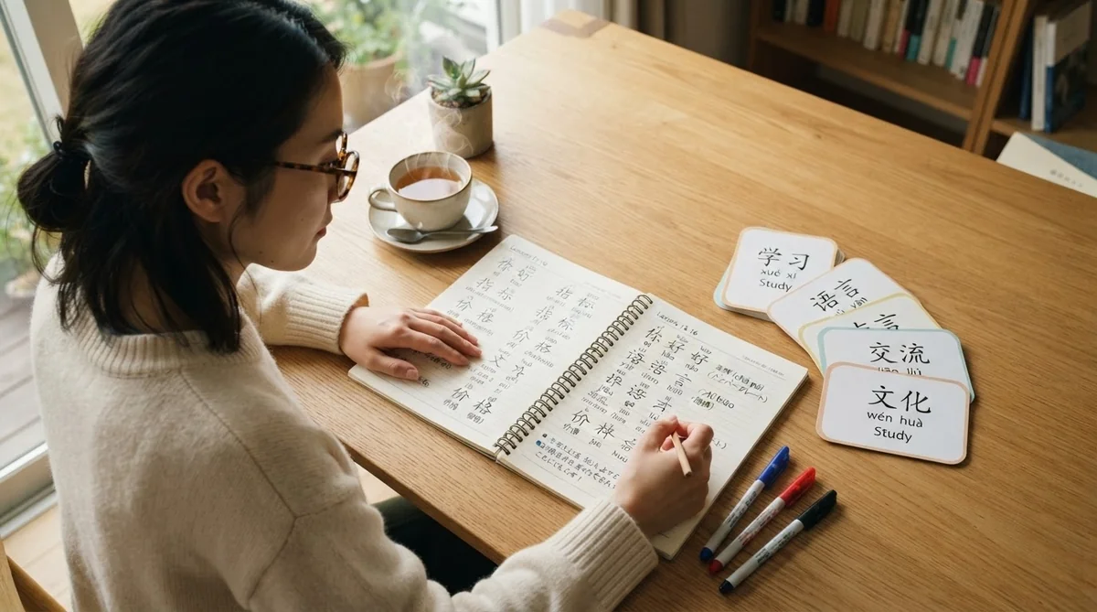 中国語の単語帳と学習ノートで車牌や指標の単語を練習する学習者