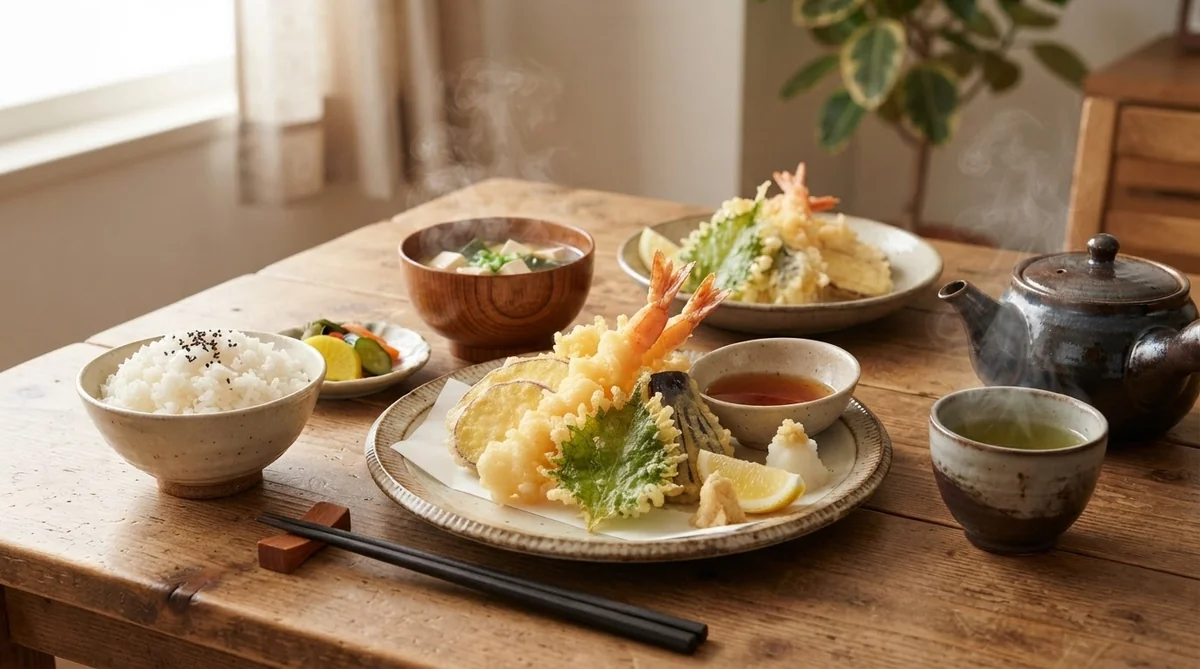 テーブルに並べられた温かいお味噌汁や天ぷらなどのおもてなし日本料理