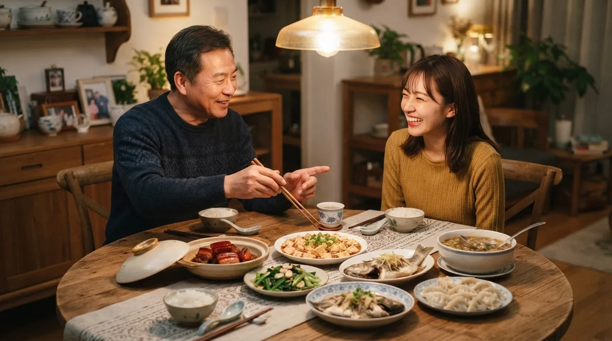 食卓で大皿料理を囲みながら笑顔で会話を楽しむホストとゲストの様子