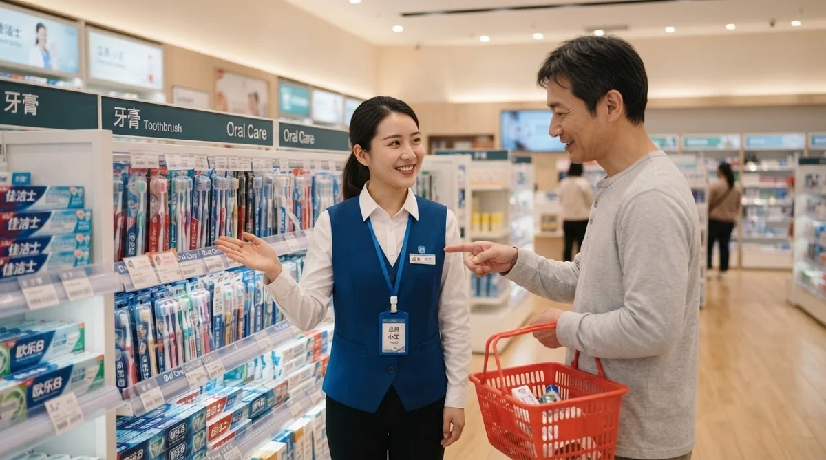 薬局で店員に質問しながら歯磨き粉を選ぶ学習者
