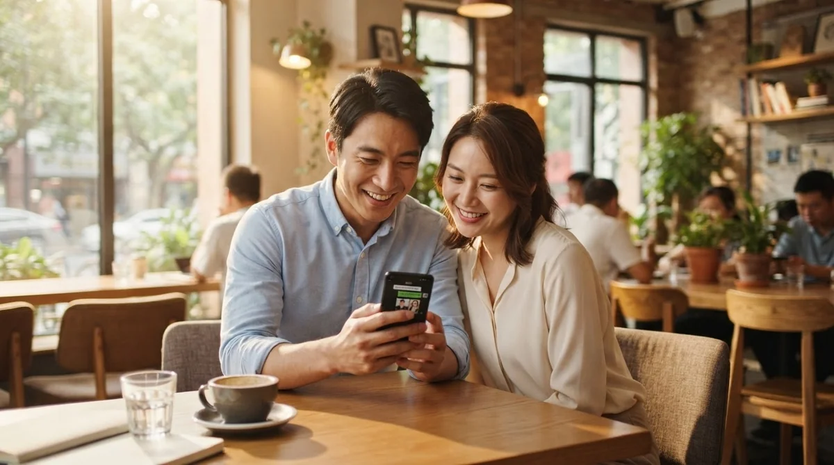 カフェでリラックスしてスマホを見るアジア系男女