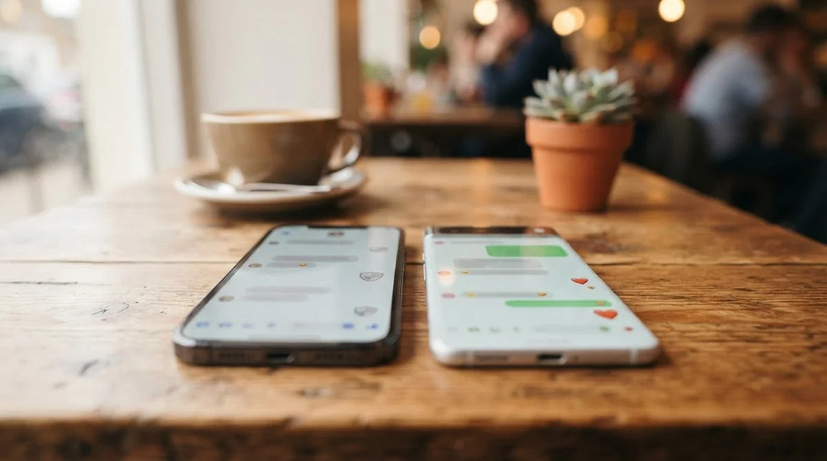 スマートフォンのチャット画面で安否確認のメッセージをやり取りする様子