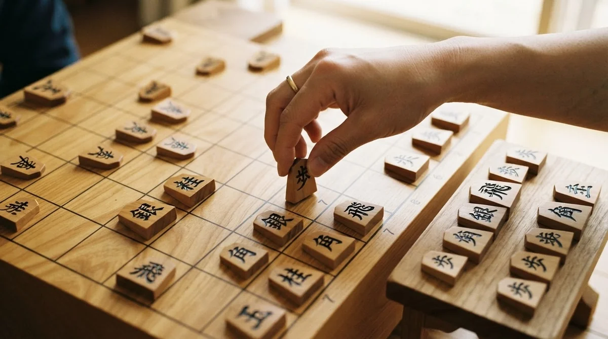 将棋盤の上で駒を動かす様子と、駒台に置かれた持ち駒が並ぶ接写写真