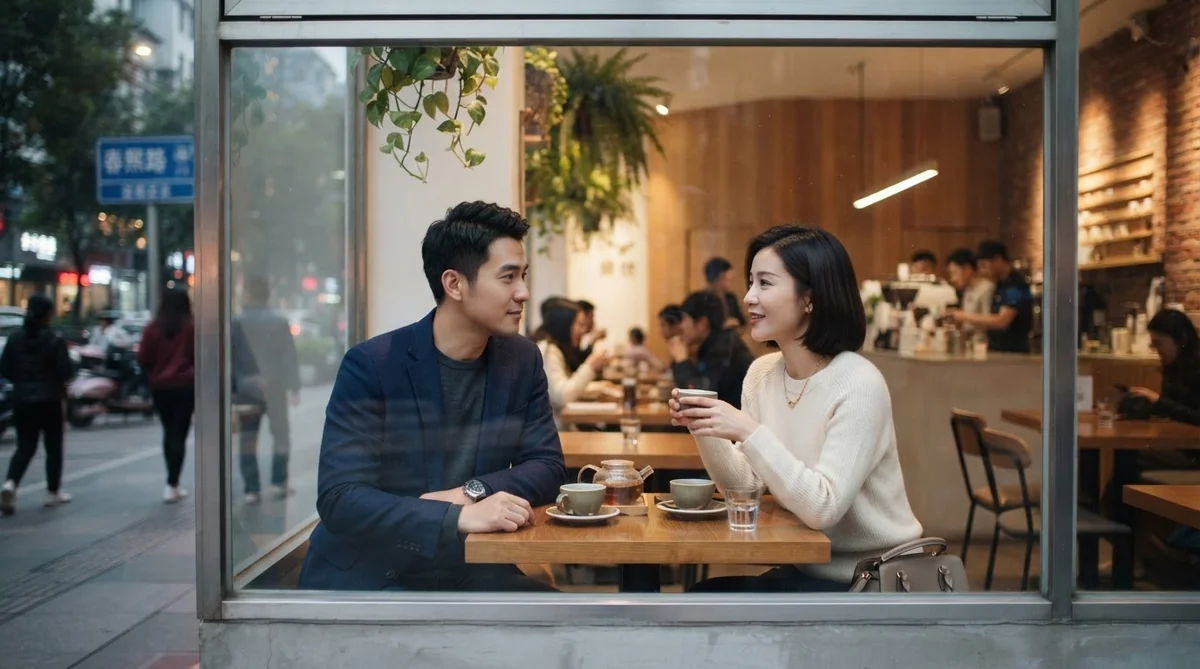 カフェの窓越しに見える、お茶を飲みながら穏やかに会話する男女