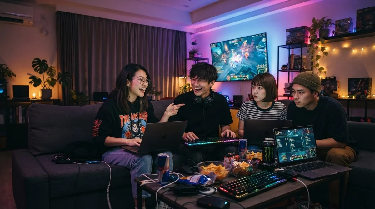 リビングルームで協力してゲームをプレイする東アジア人の若者たち
