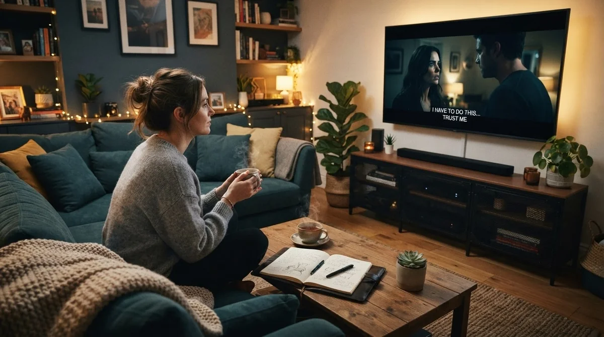 リビングで映画作品をじっくり観賞しながらノートに歴史的背景を記録している様子