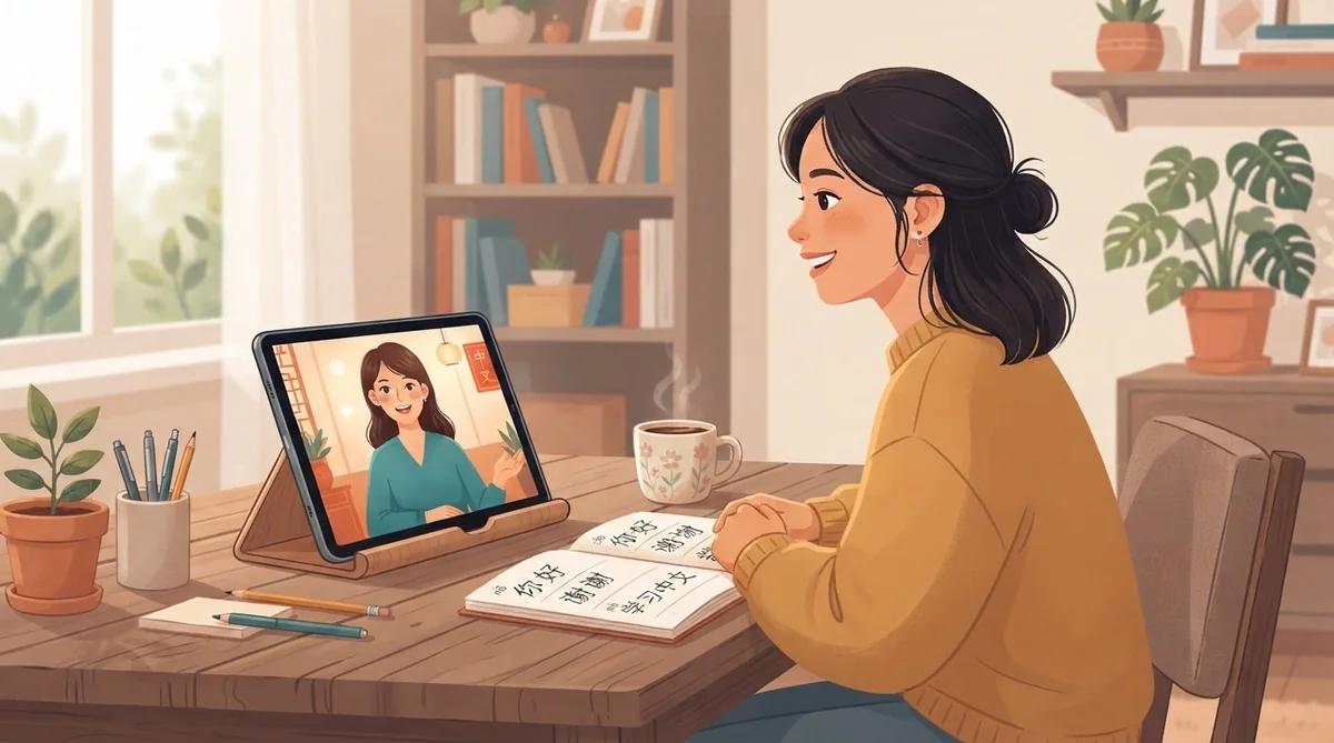 オンラインで講師と中国語の会話練習をする様子