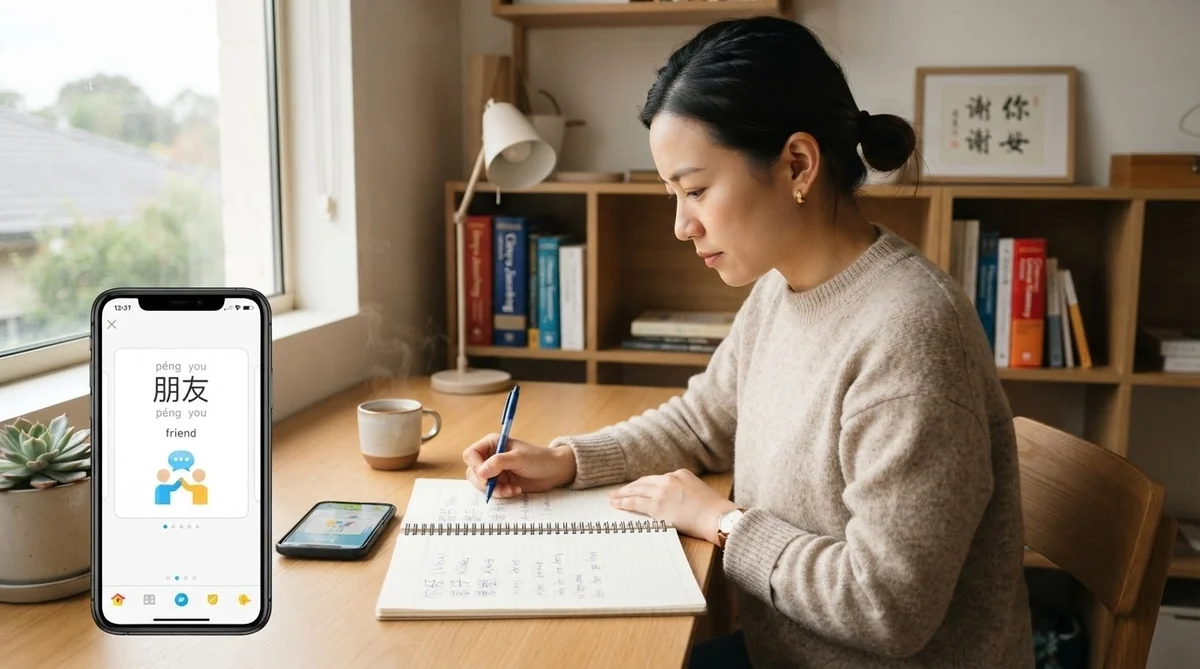 スマートフォンやノートを使って語学学習に取り組む姿