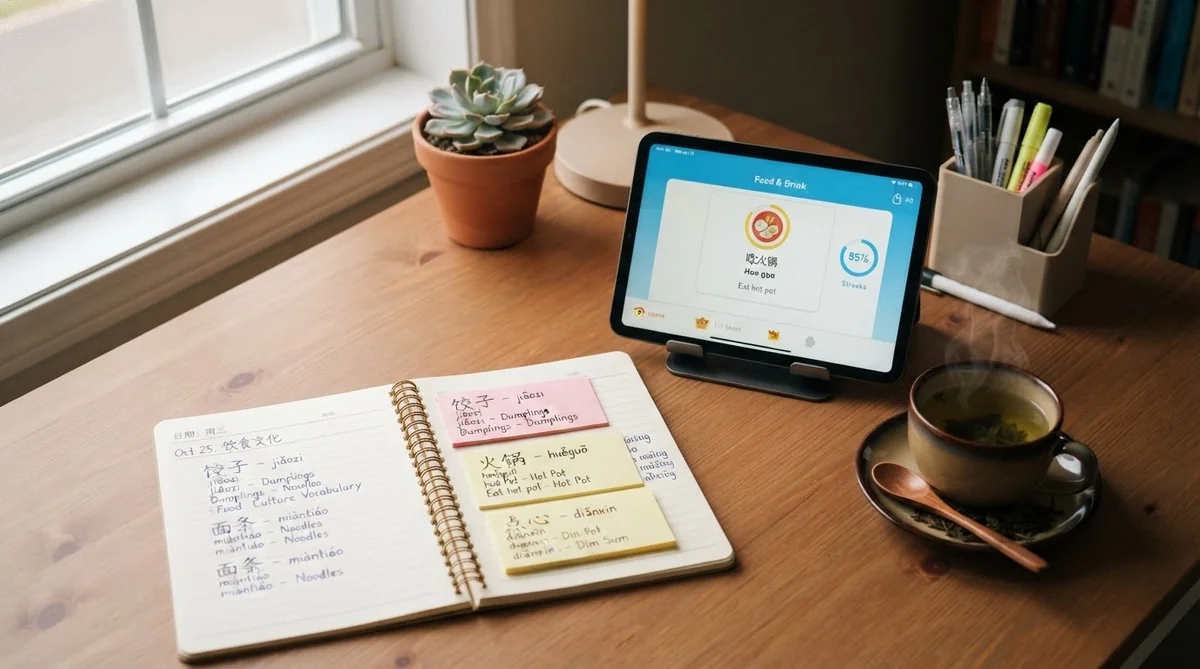 ノートやタブレットを活用して静かに語学を学習するデスク風景