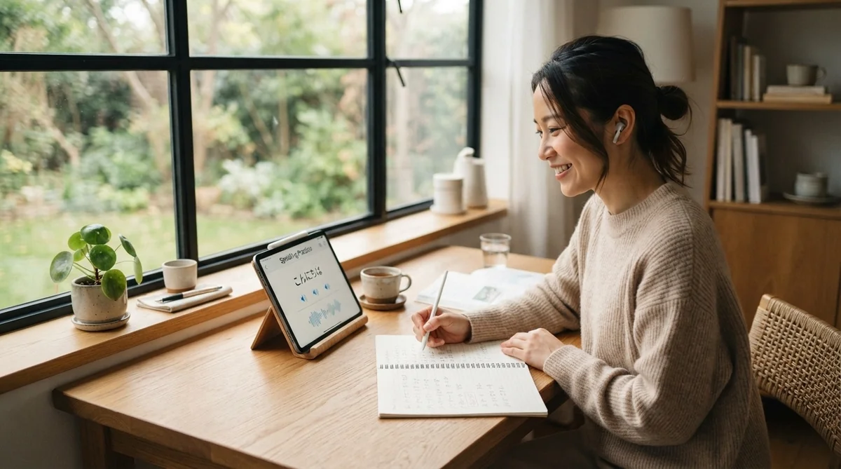 タブレットとノートを使って自宅で自分のペースで復習している学習者