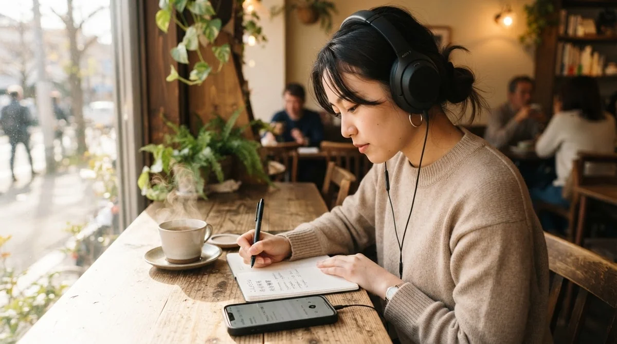 カフェで発音の練習をする学習者
