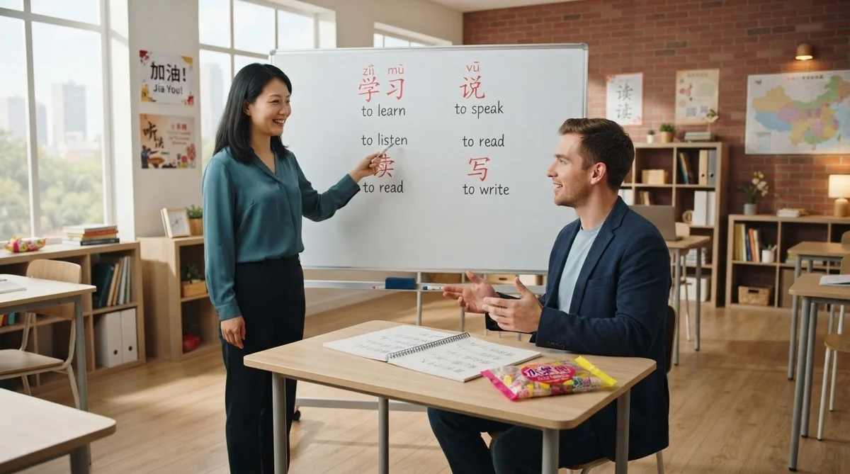 完成したミニチュア寿司の知育菓子と、中国語の動詞や単語が書かれた学習ノートが並べられたデスク