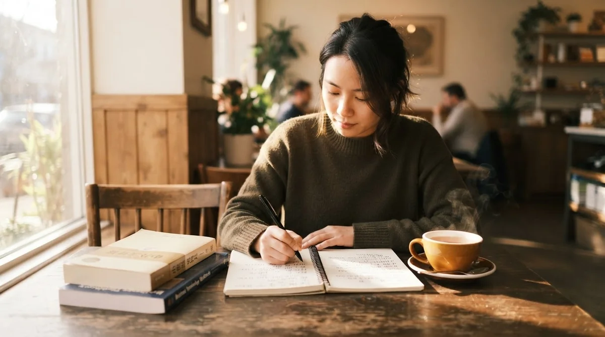 カフェで中国語の語彙やビジネス表現を学習するノートと参考書