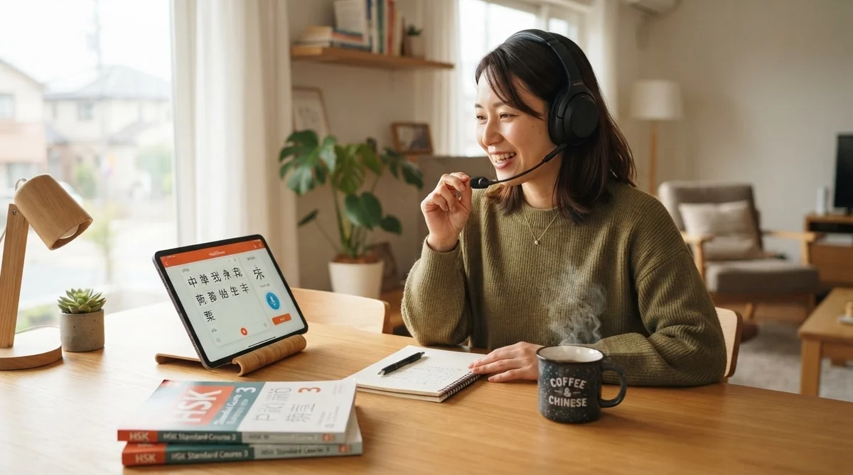 自宅のリビングでタブレットとヘッドホンを使って語学学習をする女性