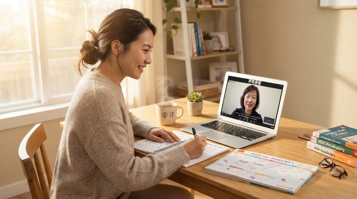 講師からオンライン指導を受ける日本人学習者