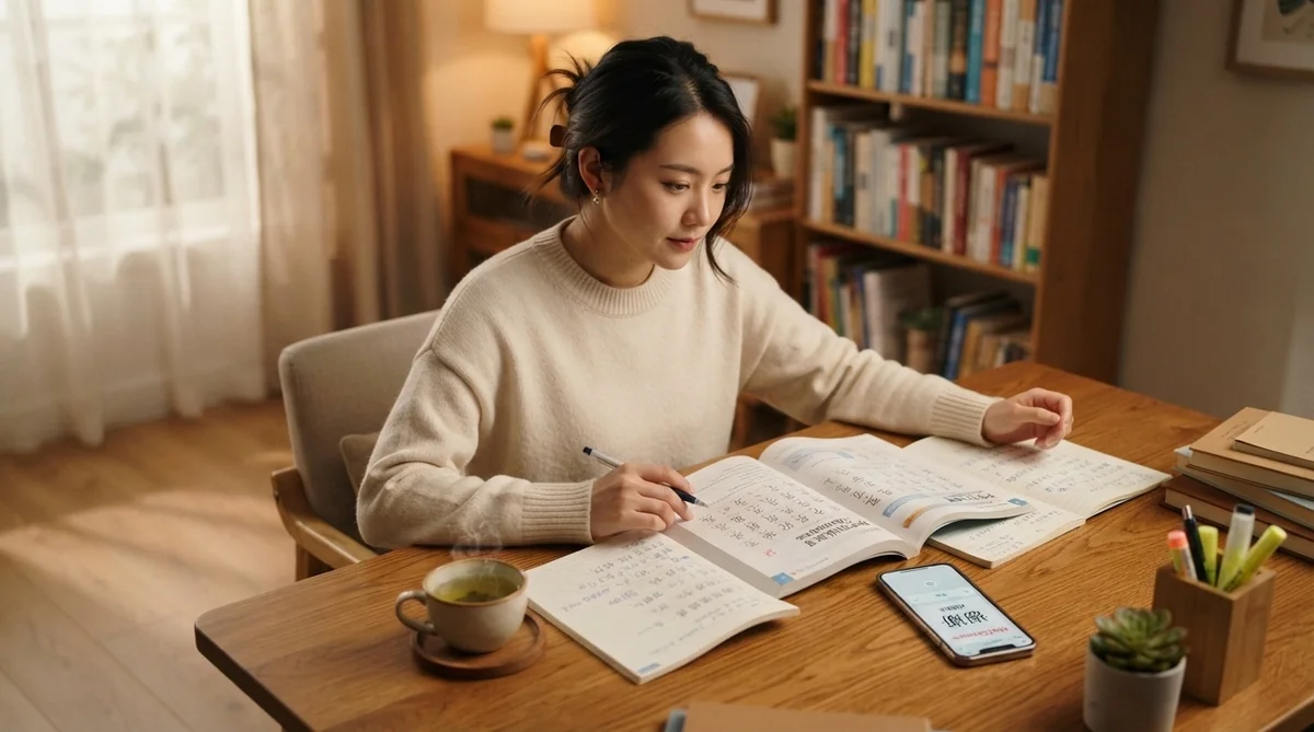 整ったデスクでスマートフォンとノートを使って中国語を学習する様子