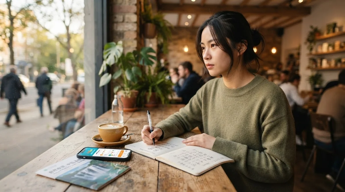 カフェで中国語の参考書やアプリを使って楽しく復習する学習者