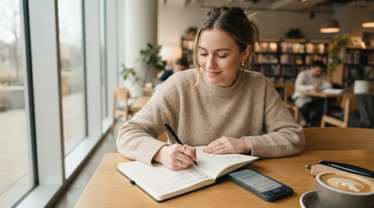 手帳に学習計画や復習内容を書き込むカフェでのひととき