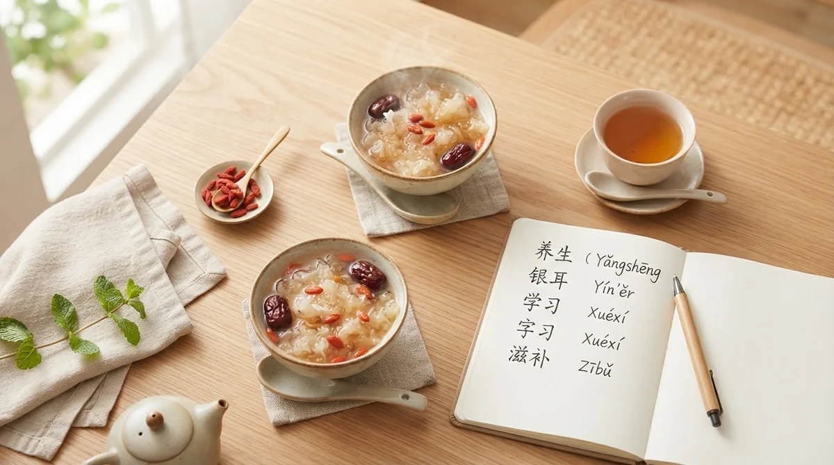 食卓の上に置かれたシロキクラゲのスープと中国語の単語メモ