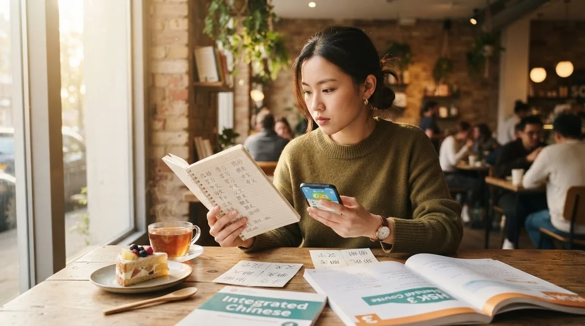 カフェで中国語の参考書を開いて勉強している学習者の様子