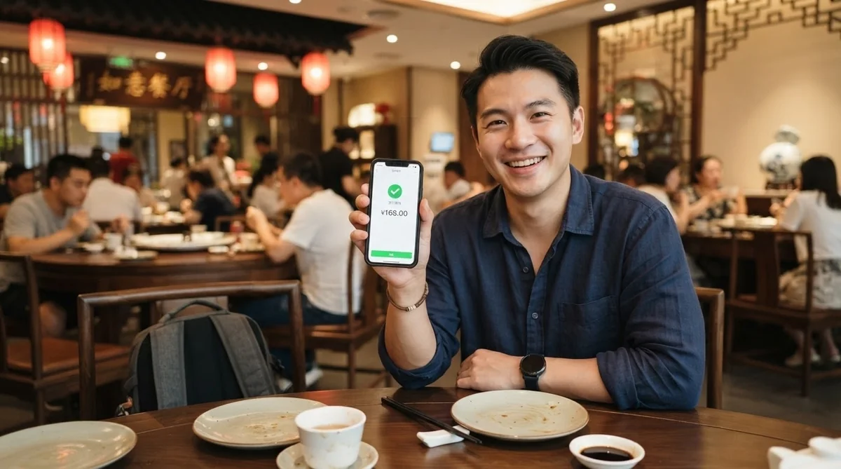 スマートフォンの決済画面を見せながら笑顔で会計を終える旅行者