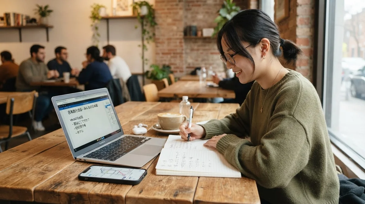 カフェでノートやアプリを広げて語学学習とルート確認に励む様子