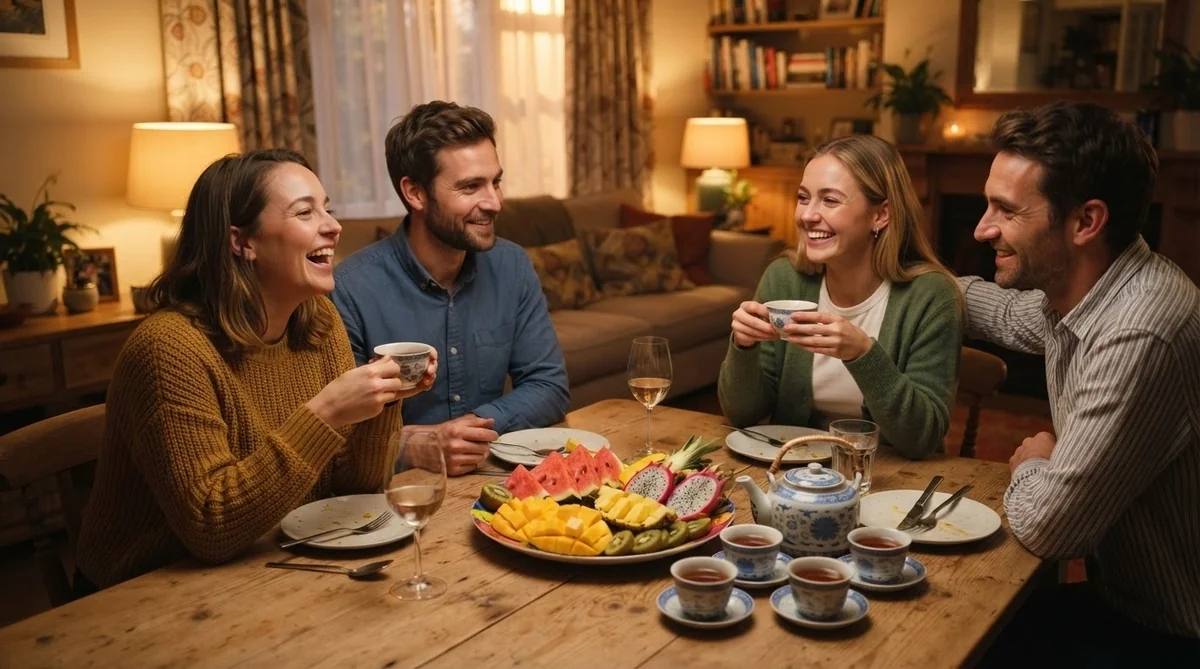 食後にお茶とカットフルーツを囲んで和やかに歓談する様子